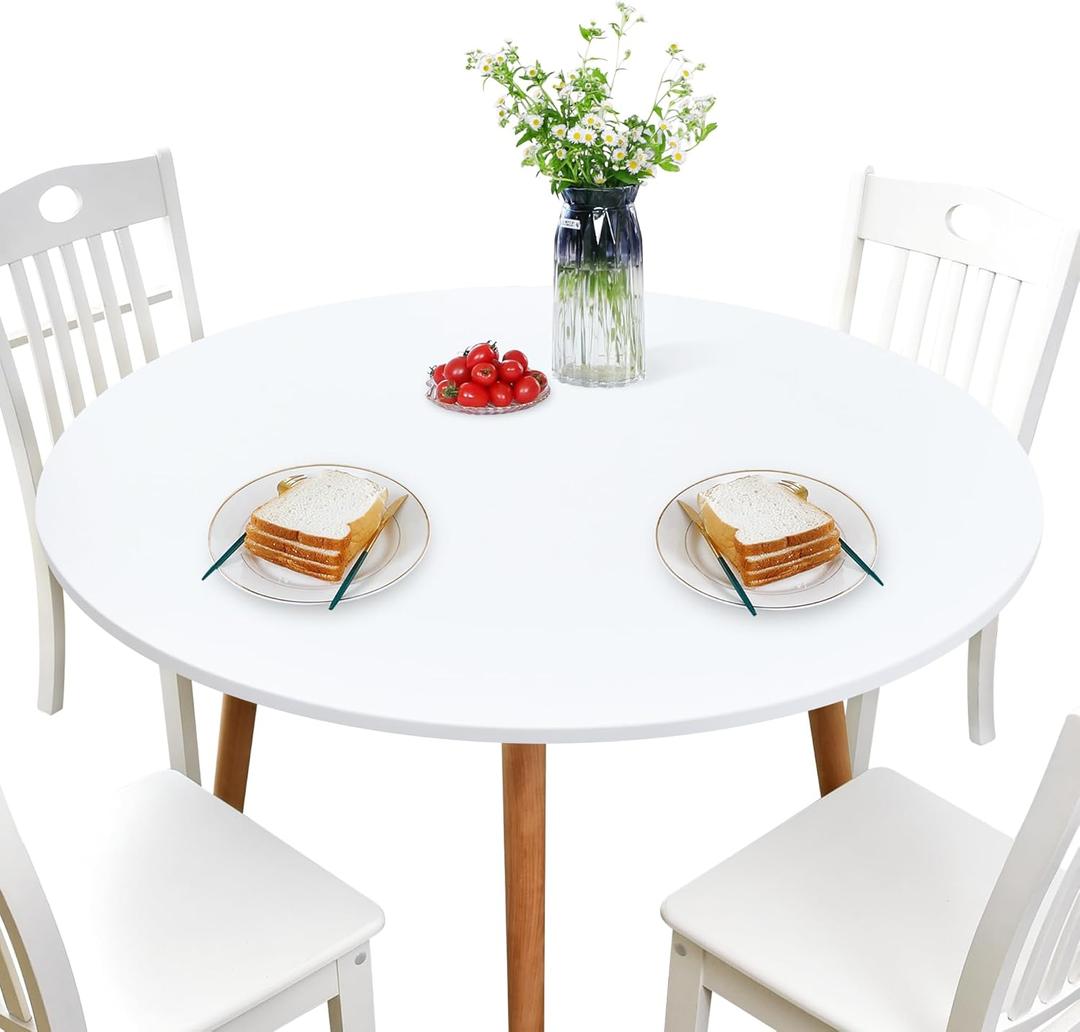NEWISHER Round Fitted Table Cover Spandex Stretch Tablecloth White Table Top Cover with Elastic Edged for Dining Picnic Patio 60 inch
