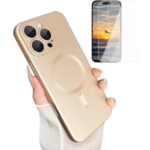 ankofave Magnetic for iPhone 16 Pro Phone Case for Women, [Compatible with Magnetic] Matte Soft Metallic Design with Lens Protectors & 2 Screen Protectors for iPhone 16 Pro 6.3"-Champagne Gold