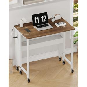 CHOEZON 31.5" Modern Folding Computer Desk with Power Outlets, Wheels, Storage, Perfect for Small Spaces Rustic Brown and White TDN01UWL