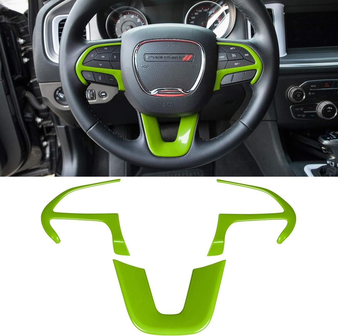 Steering Wheel Cover Trim Interior Accessories Decoration Kit for 2015-2024 Dodge Challenger Charger, for 2014-2024 Dodge Durango & Jeep Grand Cherokee SRT8 (Green 3PCS)