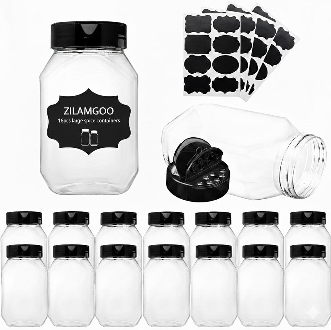 ZILAMGOO 16-Pack 17oz Plastic Spice Containers with Shaker Lids - Reusable Airtight Food Storage Jars for Spices, Powder, Bulk Pantry Organization (Clear PET, 500ml)