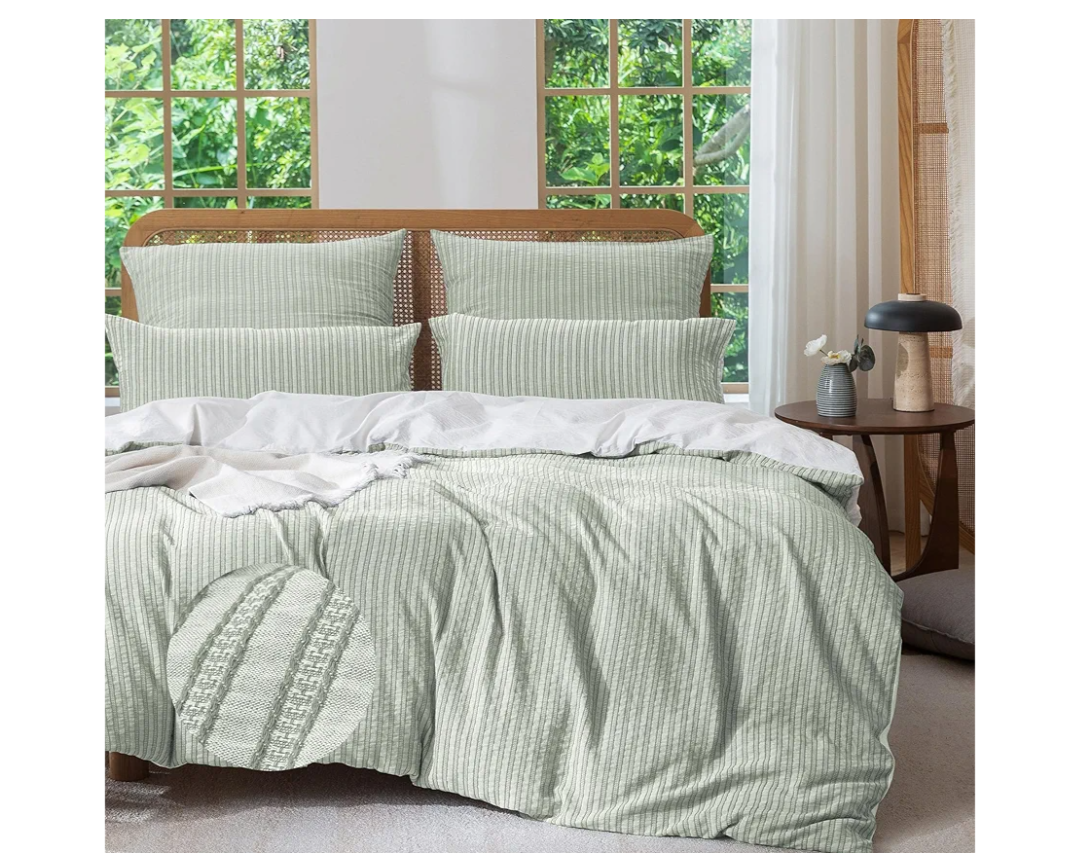 MILDLY Jacquard Stripe Duvet Cover - Sage Green 100% Washed Cotton Boho Textured Comforter Cover Set with Zipper Closure 90"x90"