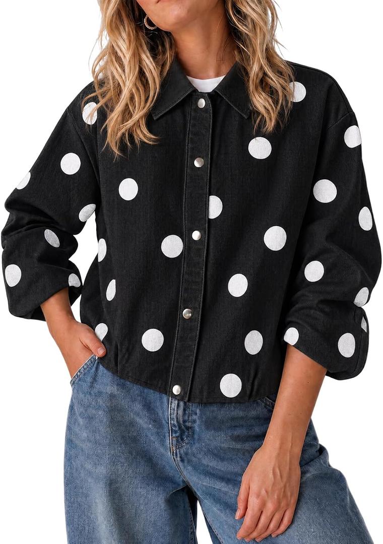 Cicy Bell Womens Polka Dot Denim Jackets Button Down Casual Fall Jean Coats Medium