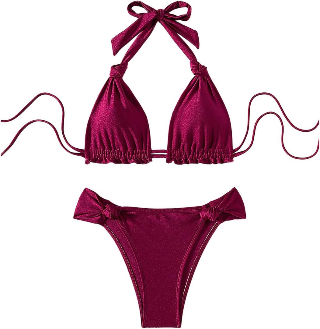 RoseSeek Women's 2 Piece Knot Swimsuit Backless Halter String Bikini Bathing Suit Vacation Cruise Outfit Burgundy Medium
