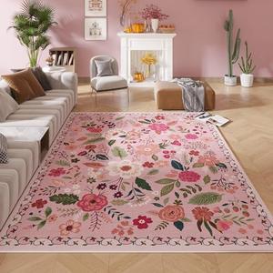 Rugcomf Living Room Rug 5x7 Ft Rug Machine Washable Boho Area Rug Non Slip Floral Vintage Low Pile Large Rugs for Living Room, Bedroom, Farmhouse, Dining Room, Kids Playroom(Pink)