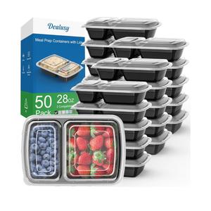 50 Pack (100-Piece) 28 oz Meal Prep Containers Reusable with Lids 2-Compartment, Sturdy Leakproof Food Safe, Microwave Freezer Dishwasher Safe, To Go Take Out Plastic Food Storage, Black
