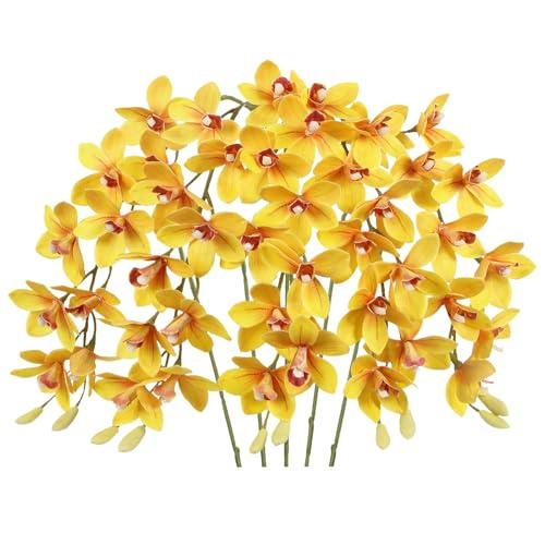 IPOPU Yellow 5 Pcs Artificial Orchids That Look Real Real Touch Latex Orchid Fake Flowers for Living Room Bathroom Kitchen Wedding and Engagement Centerpiece Arrangement