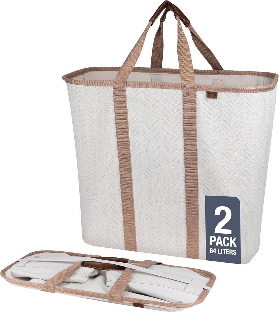 CleverMade Collapsible Laundry Caddy -LUXE Cream Herringbone 2Pack 64L -Foldable Storage Organization Container Clothes Laundry Room Storage Solution