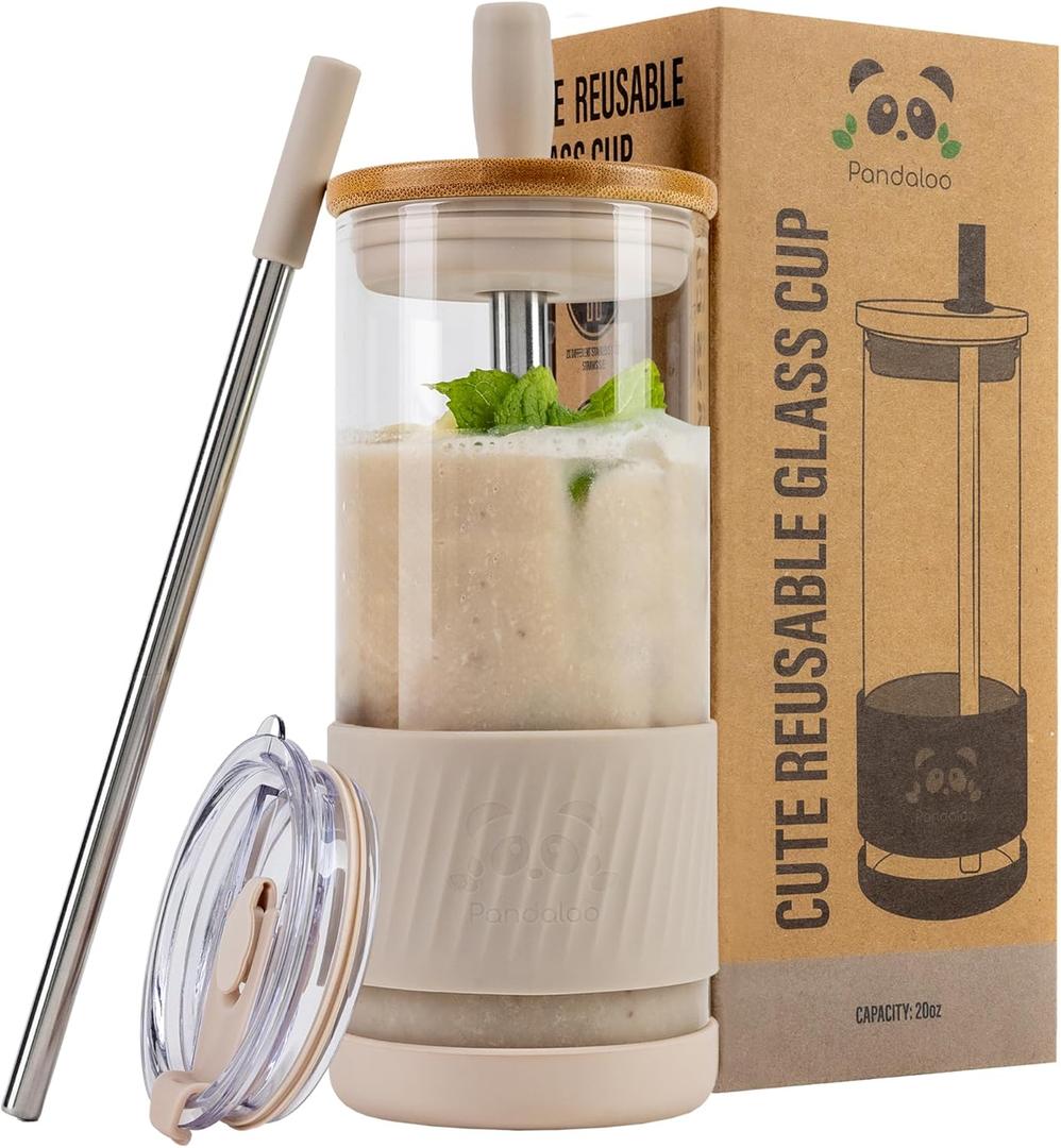 Pandaloo Glass Cups With Lids and Straws -20 Fl Oz- Perfect Size Iced Coffee Cup - Smoothie Cup With Bamboo Lid and On the go Lid (Creamy Mushroom, 1 Count (Pack of 1)