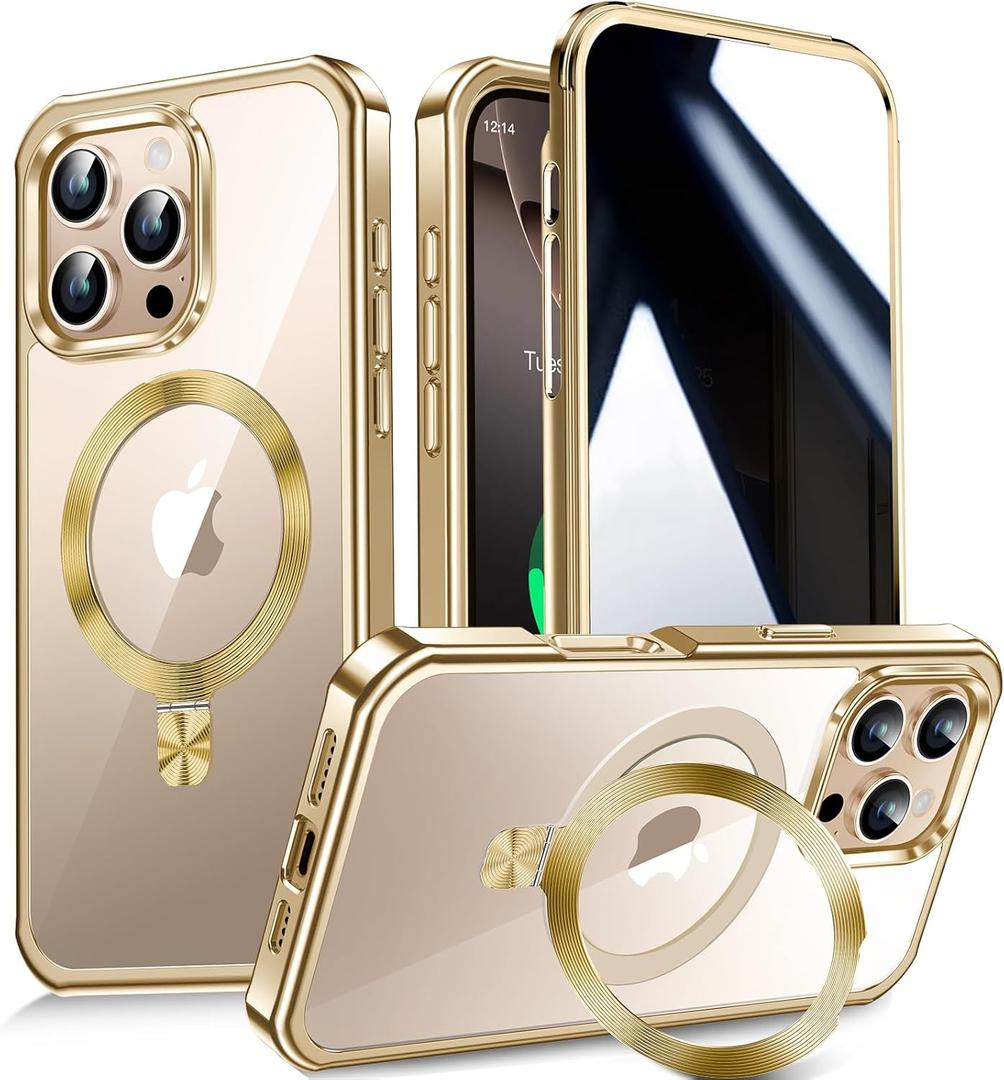 [CD Metal Ring Stand + Built-in Privacy Screen Protector] Magnetic Case for iPhone 16 Pro 6.3" [Soft Bumper Full Signal] [Compatible with MagSafe] 9H Glass Full Body Shockproof Clear Case, Gold