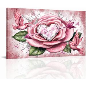 Vefacaiyo Pink Wall Art Abstract Flower Diamond Heart Picture Canvas Wall Decor Romantic Artwork for Home Bedroom Living Room Ready to Hang 20''x36''x1PCS