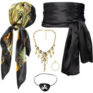 Women Pirate Costume Accessories Set|Headscarf Wrap Hat Sash Belt Cosplay Outfit With Stainless Steel Earring Necklace