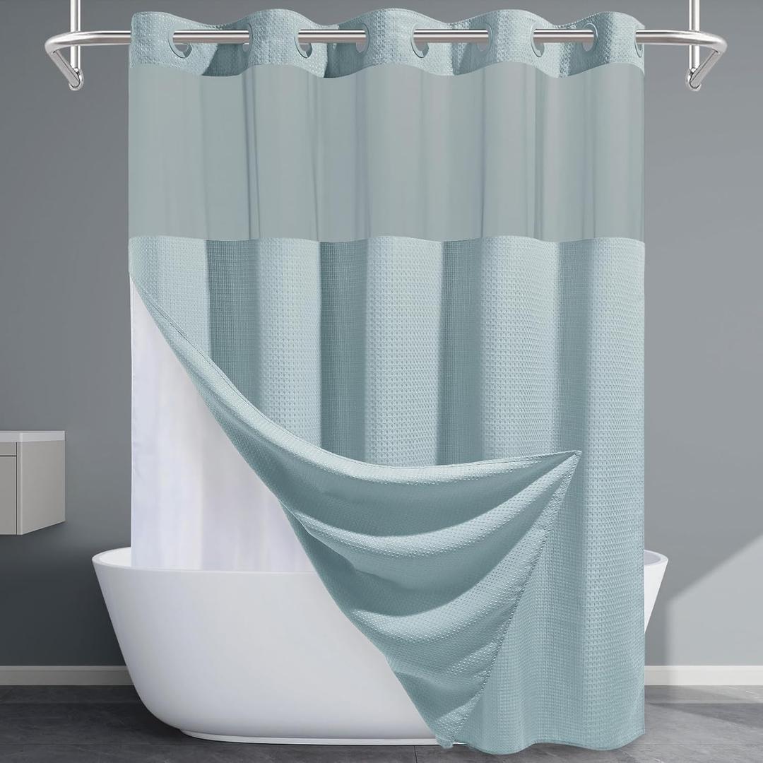 EUTXL Fog Blue No Hook Shower Curtain with Snap in Liner,230GSM Waffle Weave Shower Curtains for Bathroom,71W x 74H