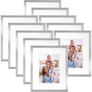 Giftgarden Silver 8x10 Picture Frame Set of 10, Matted to 5x7 Picture with Mat or 8 x 10 Photo without Mat, Multi Silver Frames for Wall and Tabletop Display