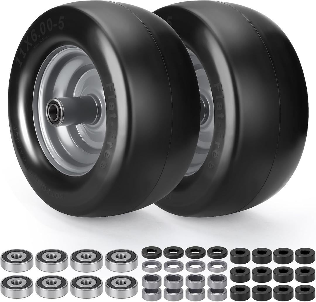 11x6.00-5" Flat Free Lawn Mower Tire and Wheel,Zero-Turn Mower Front Tires,Universal 11x6-5 Solid Smooth Tires with 3/4" or 5/8" & 1/2" Bearings,Centered Hub for Bad Boy/Cub Cadet Lawn Mowers, 2 Pcs