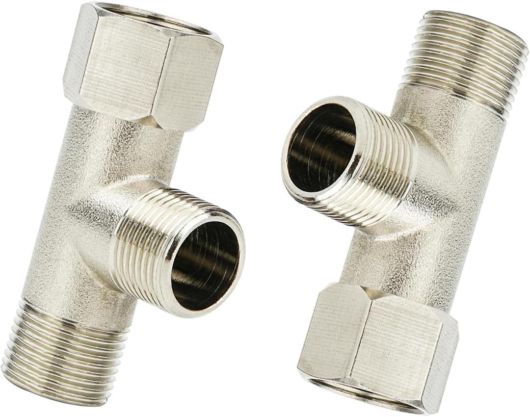 2Pack Movable Tee Fittings T Valve for Bidet, 3 Way Shower Diverter Valve, Shower Hose Adapter, Brass Shower Arm Water Line Splitter (Silver G9/16)