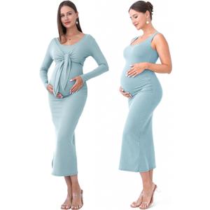 2 PCS Maternity Dress Short Cardigan Bodycon Maxi Formal Dresses Baby Shower Spring Summer for Women (Blue, M)