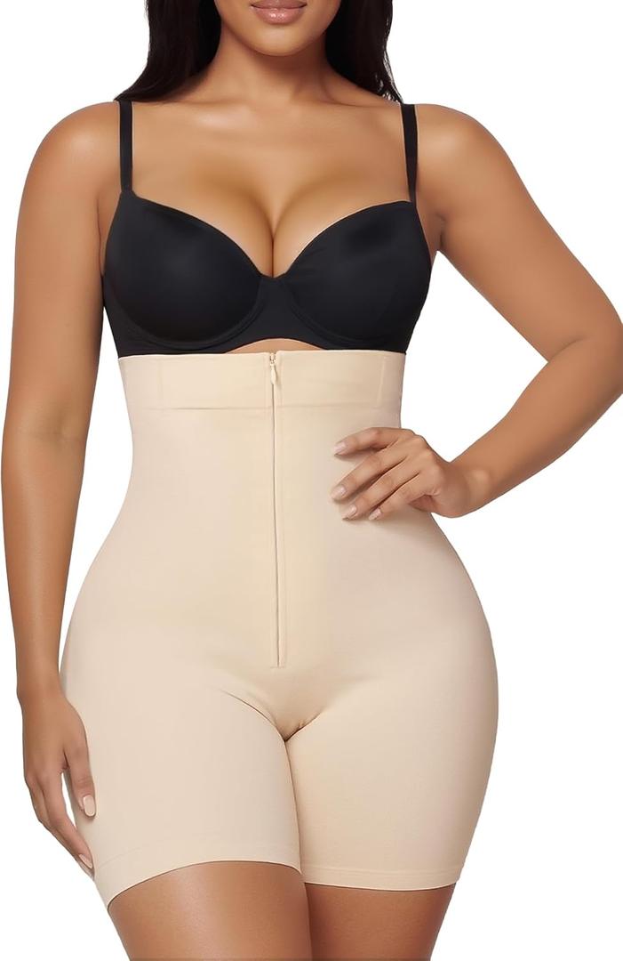 SHAPERX High-Waisted Tummy Control Shapewear for Women Seamless Zip-Up Easy-On Body Shaper Shorts Slimming Fit Underwear (Large, Beige)