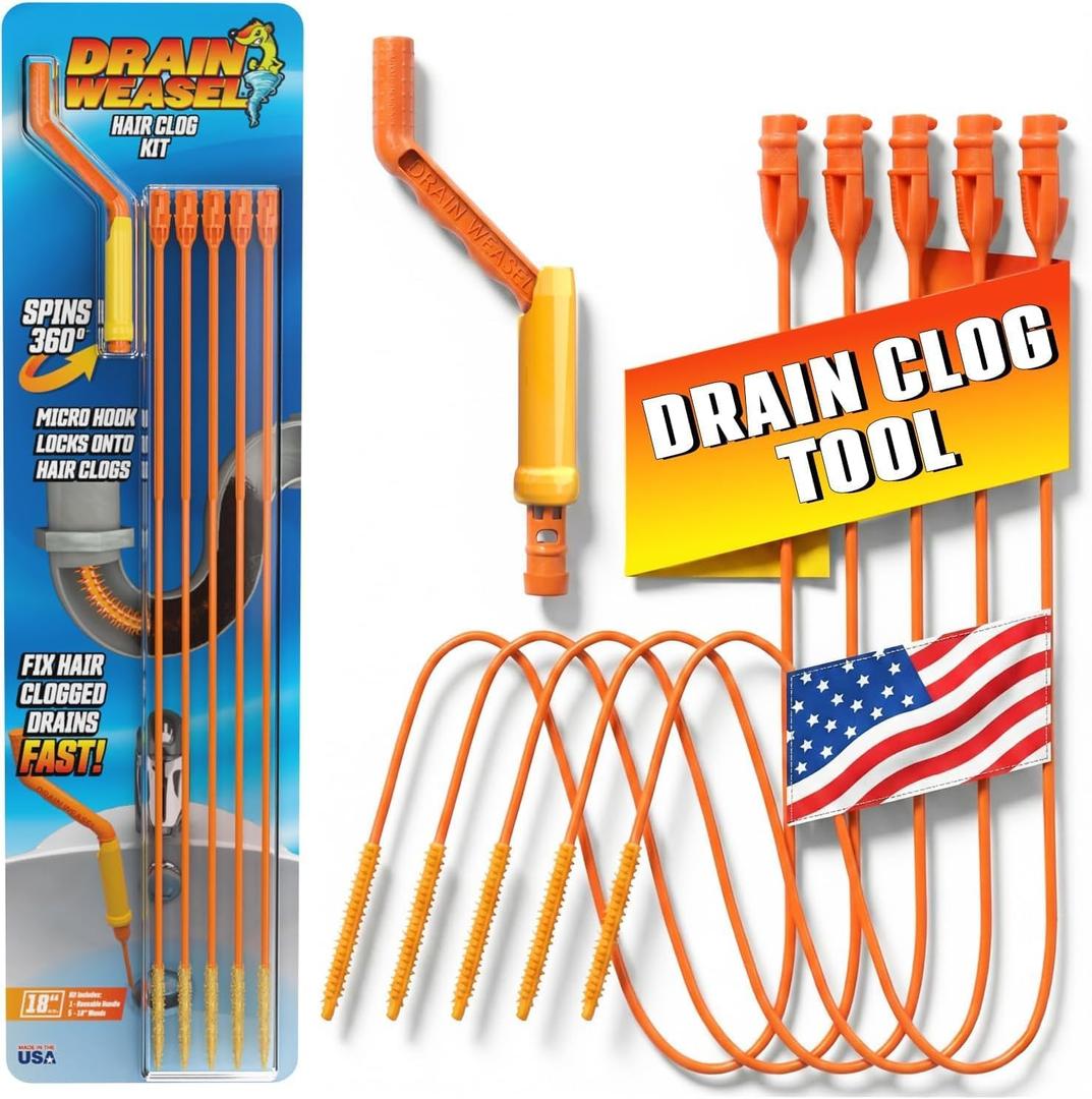 Flexisnake Drain Weasel Hair Clog Remover Kit  Plumbing Snake Auger for Cleaning Shower, Bath Tub, Bathroom Drains with Rotating Handle and 5 Disposable Wands, Made in USA