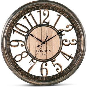 Bernhard Products Large Wall Clock 16 Inch Non Ticking Battery Operated Brown Rustic Farmhouse Vintage Design Stylish Decorative Clocks for Home/Office/Kitchen/Living Room/Bedroom