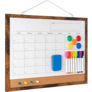 Dry Erase Calendar Whiteboard, 17" x 13" Magnetic Whiteboard Cork Board Combo, Reusable Monthly Planner with 8 Markers, Eraser, Magnets and Pushpins, Hanging Dry Erase Board for Home, School - Brown