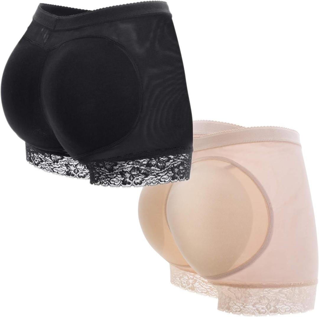 KIWI RATA Womens Seamless Butt Lifter Padded Lace Panties Enhancer Underwear (Large, Black+Nude)