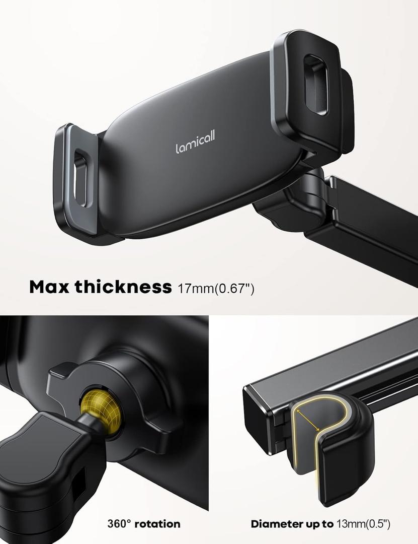 Lamicall Car Tablet Holder, Headrest Tablet Holder – [Two-Axis Telescopic Arm] 360° Rotation, Door for iPad, Sumsung Tab, Switch, Other 4.7-11 Inch Mobiles and Devices – Black