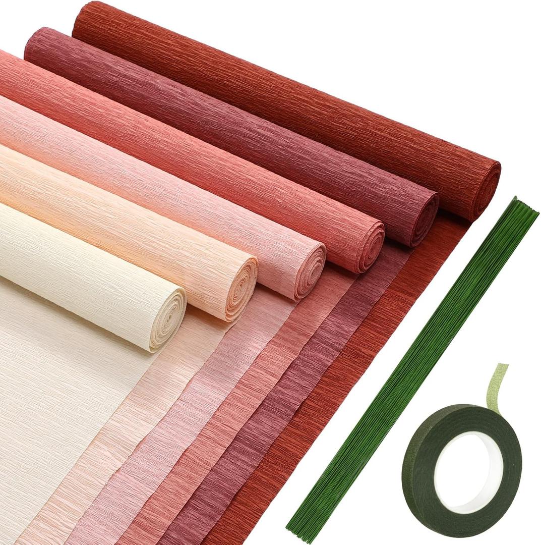 Gersoniel 57 Pcs Crepe Paper Flower DIY Kits 6 Rolls 35g Paper Crepe Sheets 50 Pcs Floral Iron Wire 10 Inch x 8 Feet 1 Roll 50 Meter for Birthday Party Wedding (Pink Series)