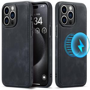 Casus Designed for iPhone15 Pro Max Case Compatible with MagSafe Leather Slim Luxury Elegant Thin Protective Cover (2023) 6.7" - Black