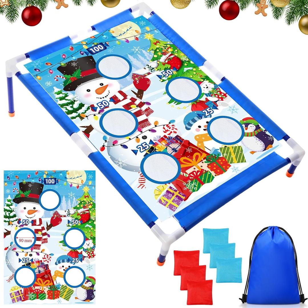 Snowman Bean Bag Toss Christmas Party Game for Kids Adults with 6 Bags Portable 6 Hole Corn Toys Game Set for Boys Girls Toddlers Outdoor Indoor Family Carnival Party Favors Gift