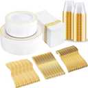 bUCLA 350PCS Gold Plastic Dinnerware Set - Gold Disposable Dinnerware for 50 Guests, Includes 50 Dinner Plates, 50 Dessert Plates, 50 Forks, 50 Knives, 50 Spoons, 50 Cups & 50 Napkins for Party