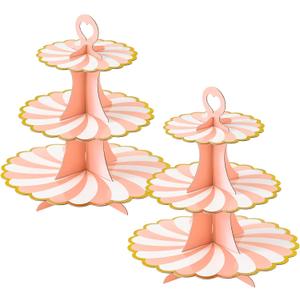 2 x Soleebee 3-Tier Cupcake Stand, Cardboard Cupcake Tower, Dessert Cup Cake Stand Tower for Birthday Wedding Party Decoration, Cupcake Tier Stand 2 Set (Pink Gold)