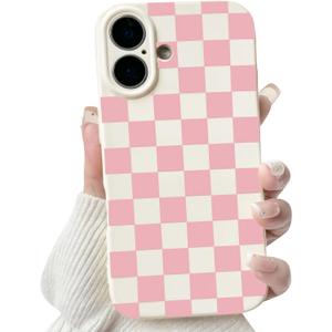 NITITOP Compatible with iPhone 16 Case Cute Aesthetic Checkerboard Checkered Pattern for Women Girl Trendy Slim Fit TPU Silicone Shockproof Full Camera Protection Cover - White and Pink