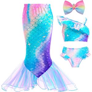 GALLDEALS Girls Swimsuit 3 Piece Bathing Suits Flounce Ruffle Tankini Set Beach Swimwear with Cover Ups Skirt for 3-10 Years (Blue)