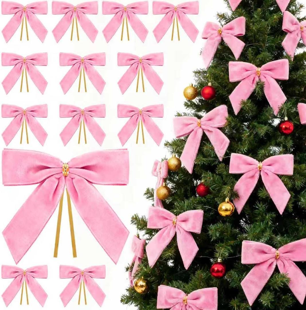 30PCs Pink Bows for Christmas Tree, 3.5 x 3.5 Inch Pink Velvet Bows Vintage Xmas Velvet Ribbon Bow Holiday Ornaments for Christmas Decoration Holiday Decor, Gift Wrapping and Wedding