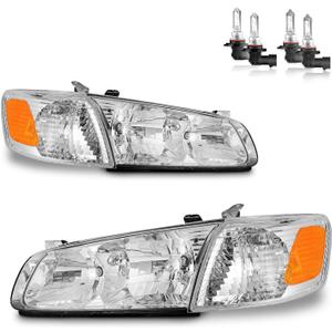Headlights Assembly for 2000-2001 Toyota Camry CE LE XLE Headlamp Replacement with Amber Corner Lamps, Chrome Housing Amber Reflector Pair Set