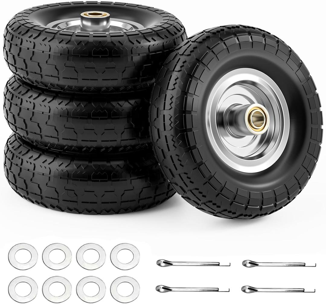 4.10/3.50-4 Flat Free Tire and Wheel, 4 Pack 10" Solid PU Heavy Duty Tires with 300LB Load Capacity, 5/8" Axle Bore Hole & 2.2" Offset Hub for Wagon Dolly Garden Cart Wheelbarrow Parts, 4.10/3.50-44 4 Pack
