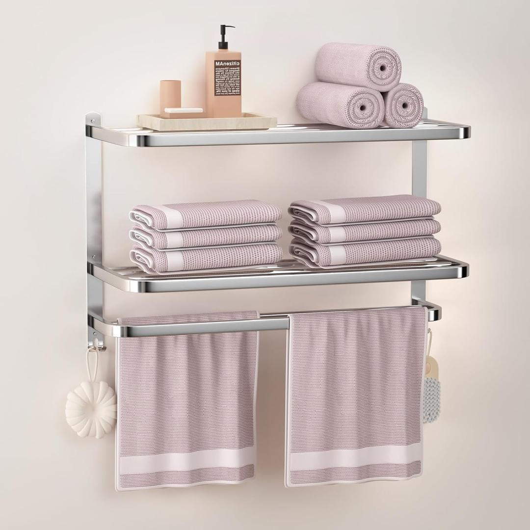 DDS-DUDES 23 Inches 3-Tier Towel Racks for Bathroom with Towel Bars Multilayer Hotel Towel Shelf Stainless Steel Wall-Mounted Brushed Finish Holder with Towel Shelves