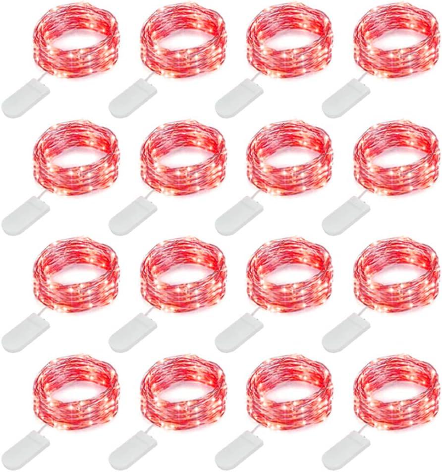 MUMUXI 16 Pack 10 ft Fairy Lights Battery Operated, 30 LED Mini String Lights Waterproof Copper Wire Firefly Starry LEDs for DIY Wedding Party Mason Jars Christmas Decorations, Red