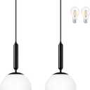 8" Black Modern Globe Pendant Light 2 Pack Mid Century Pendant Lights with Milky White Glass Hanging Light Fixture for Kitchen Island Dining Room Bedroom Living Room Entryway(Bulbs Incl.)