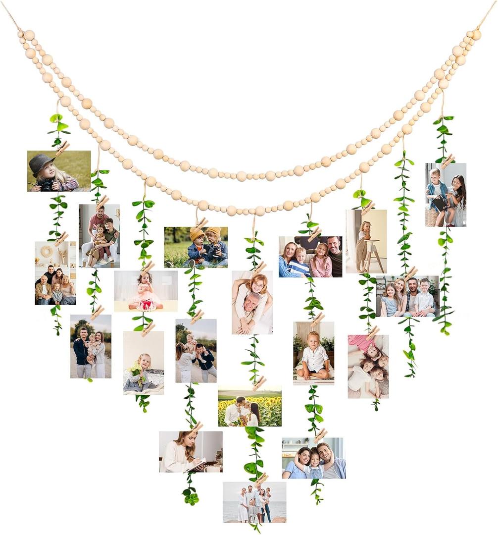 TXIN Hanging Photo Display Holder Wall Decor with Wooden Cards Clips, Boho Style Picture Frame Wood Beads Garland Artificial Eucalyptus Plant Home Decoration for Farmhouse Greenery Cubicle Bedroom