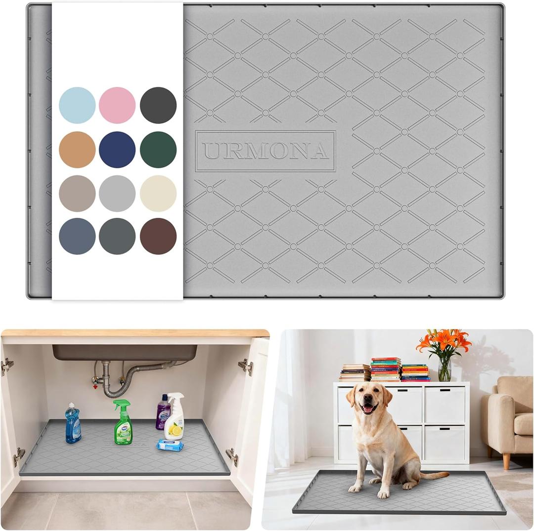 URMONA 34" x 22" Waterproof Silicone Mat in Multiple Sizes & Colors, Under Sink Mat for Kitchen & Bathroom, Pet Food Pad for Dogs & Cats, Kitchen Cabinet Liner, Multi-Purpose for Storage(Light Grey)