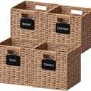 UBBCARE 4 Pack Small Wicker Basket, 9×9 Storage Cubes with Label, Foldable Cube Storage Bin with Handle, Square Storage Basket for Shelves, Woven Paper Rope Basket for Organizing, Caramel