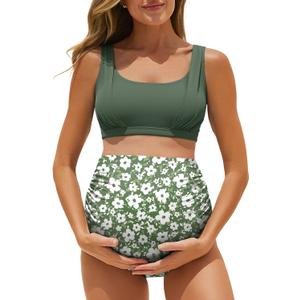 Summer Mae Maternity Bikini Swimsuit Wide Straps Ruched High Waisted Two Piece Bathing Suit Scoop Neck Pregnancy Swimwear (Size 4)