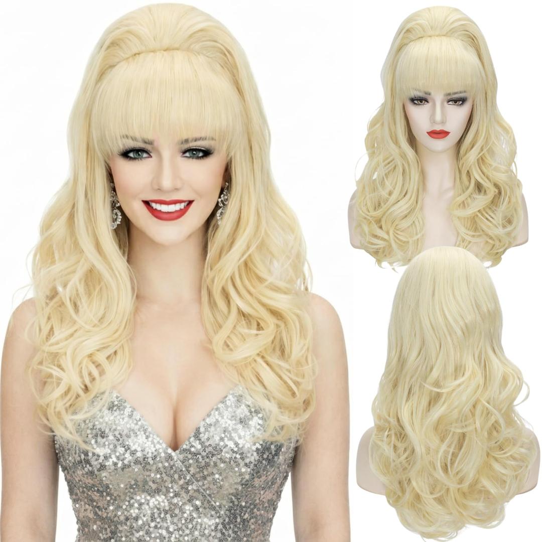 Wiggy Mermaid Blonde Beehive Wig 70s 80s Long Curly Big Hair Women Vintage Bouffant Updo Fembot Wig for Halloween Party Country Singer Costume + Cap