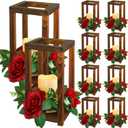 Hushee 30 Pcs Integrated Wedding Lantern Centerpiece Rustic Wooden Holder with Candles and Rings Farmhouse Candle Lantern Decor for Home Valentine Wedding Party Table Decor (Brown and Red)