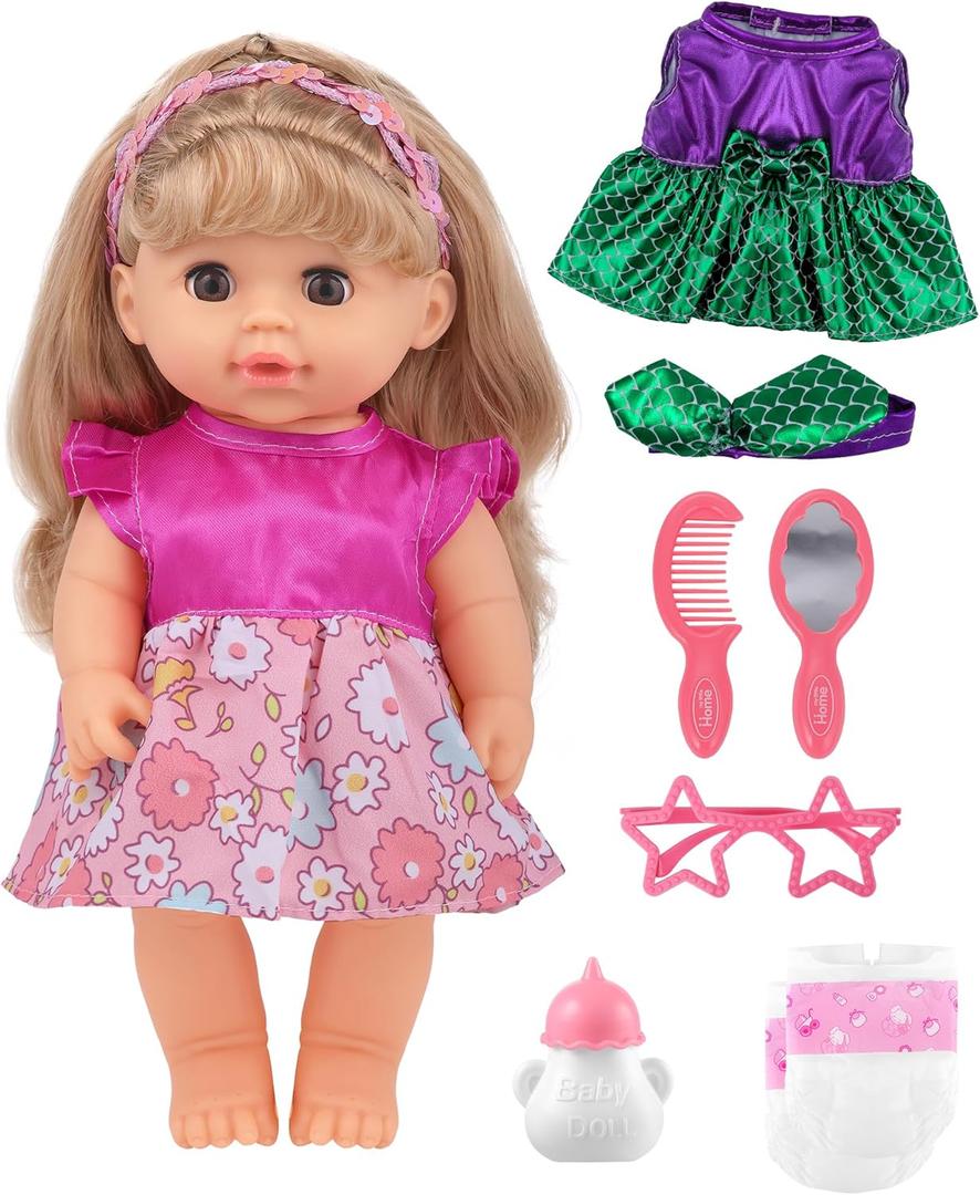 GAGAKU Baby Doll with Hair, 12" Baby Dolls for Girls 1 2 3 4 5 6 Years Old, Baby Doll for Toddlers Kids, 12 Inch Baby Dolls with Accessories, Clothes Diapers Bottle
