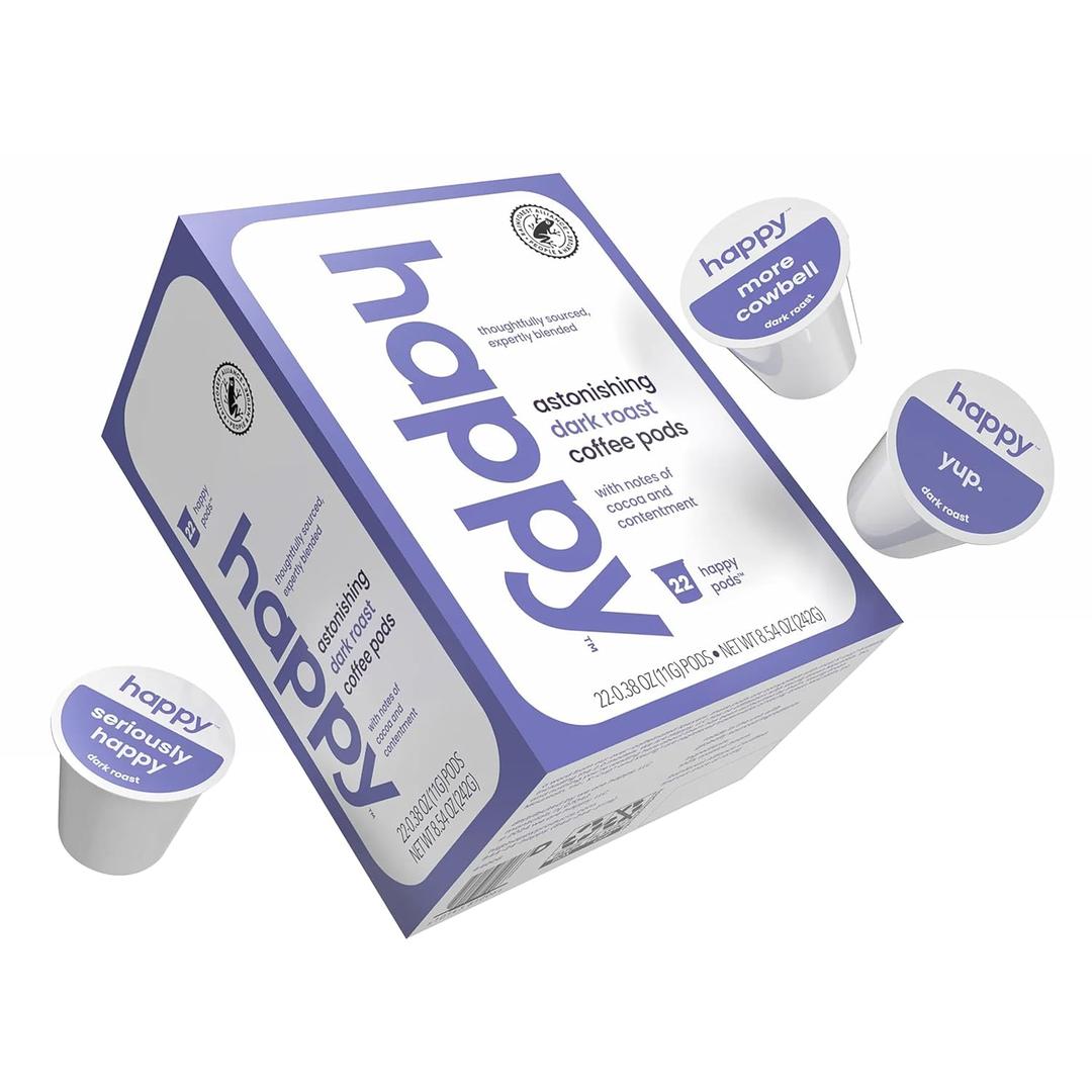 happy coffee dark roast coffee pods, 22 count, notes of cocoa & contentment, compatible with most K-cup brewers, rainforest alliance certified