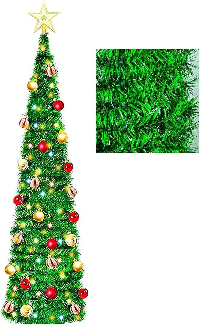 Artificial Christmas Tree with 100 Color Lights, 5 Ft Pop Up Collapsible Tinsel Christmas Tree with Christmas Balls Christmas Decorations for Home Fireplace Party Indoor Outdoor (Green 2)