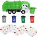 FIVEDAOGANG Small Friction Powered Garbage Truck Toys Set, Includes Front Load Dumpster, 4 Trash Bins and Trash Learning Cards for Kids